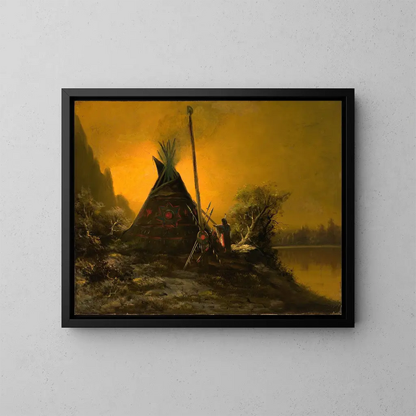Night scene of an Indian tipi - Benjamin Raborg — framed artwork on a wall