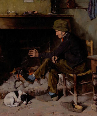 A man with his dog in front of a fireplace - Benjamin West Clinedinst — artwork view