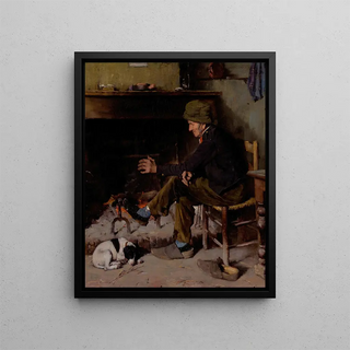 A man with his dog in front of a fireplace - Benjamin West Clinedinst — framed artwork on a wall