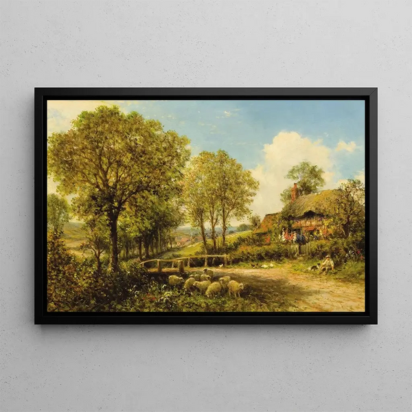 Spring, cottage with shepherd and flock - Benjamin Williams Leader — framed artwork on a wall