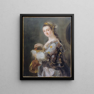Portrait of a Lady with a Mask and Cherries - Benjamin Wilson — framed artwork on a wall