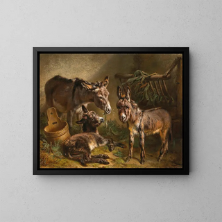 Donkeys in a Stable - Benno Adam — framed artwork on a wall