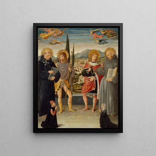 Saints Nicolas de Tolentino, Roch Sébastien et Bernardin de Sienne with kneeling donors - Benozzo Gozzoli — framed artwork on a wall