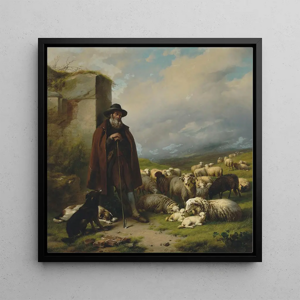 Scottish Shepherd Painting with His Flock - Eugène Joseph Verboeckhoven — framed artwork on a wall