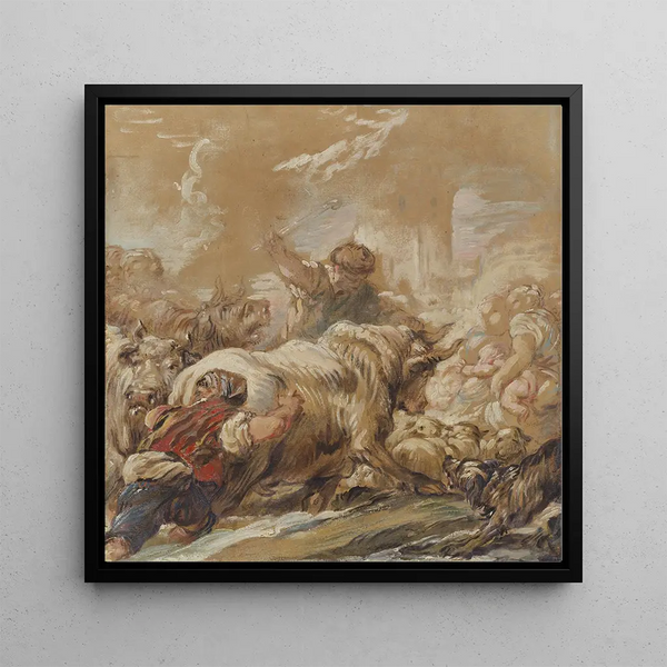 Shepherds leading livestock across a stream - Jean-Baptiste Deshays — framed artwork on a wall