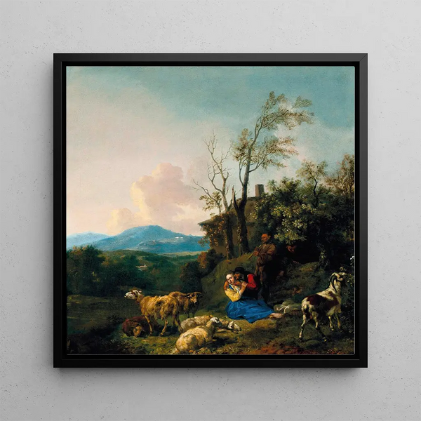 Shepherds and their flock in a vast landscape - Jan Baptist Wolfaerts — framed artwork on a wall