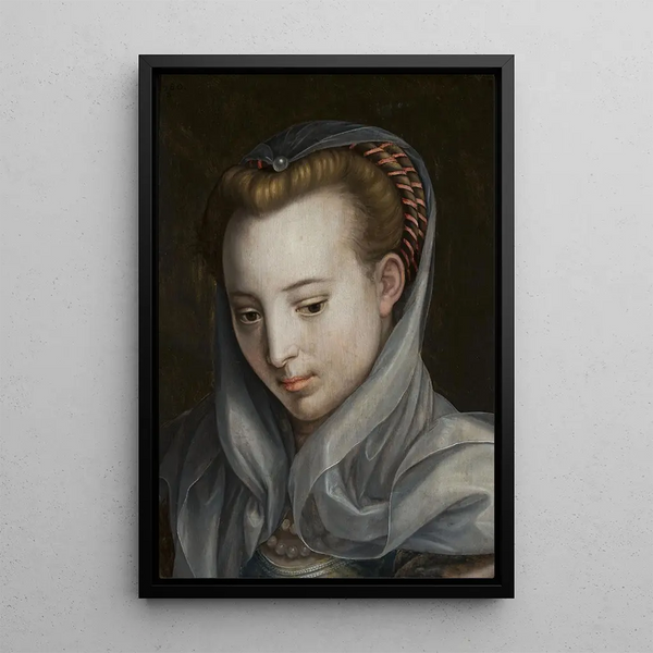 Head of a woman looking down to the right - Bernaert de Rijckere — framed artwork on a wall
