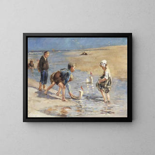 Children playing on the beach - Bernard Blommers — framed artwork on a wall