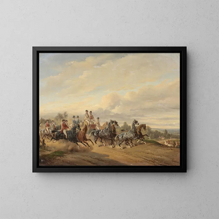 Departure for the hunt - Bernard Édouard Swebach — framed artwork on a wall