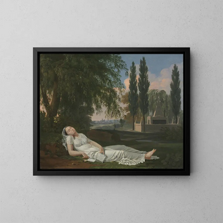 a sleeping woman in a landscape with a letter - Bernard Gaillot — framed artwork on a wall