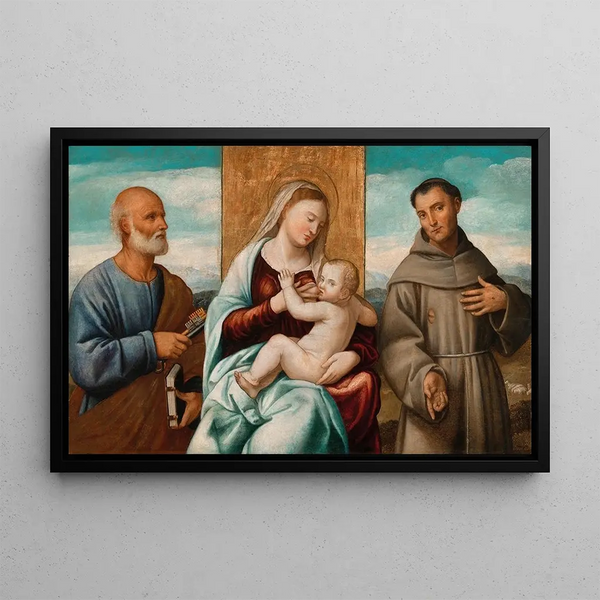 Madonna and Child with Saint Peter and Saint Francis - Bernardino Licinio — framed artwork on a wall