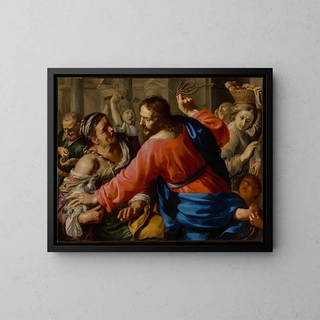 Le Christ chassant les marchands du Temple - Bernardino Mei — framed artwork on a wall
