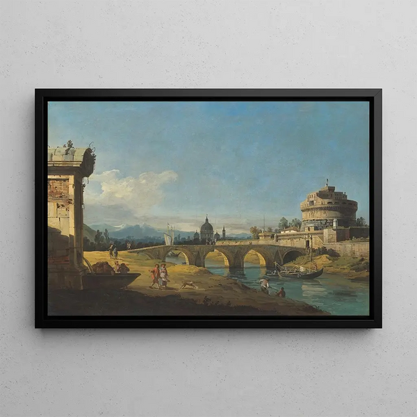 Capriccio with Roman monuments, including Castel Sant'Angelo and Saint Peter's - Bernardo Bellotto — framed artwork on a wall