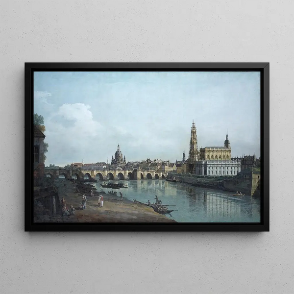 Dresden View of the Right Bank of the Elbe under the August Bridge - Bernardo Bellotto — framed artwork on a wall