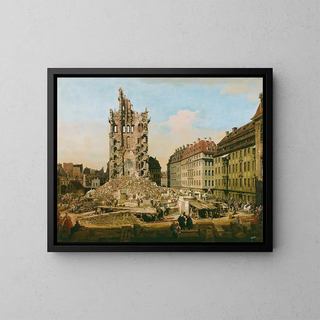 The Ruins of the Old Kreuzkirche in Dresden - Bernardo Bellotto — framed artwork on a wall