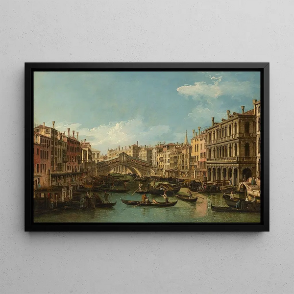 Venice Grand Canal with Rialto Bridge seen from the south - Bernardo Bellotto — framed artwork on a wall