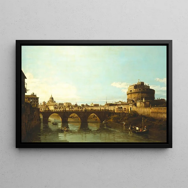 View of the Tiber in Rome with Castel Sant'Angelo - Bernardo Bellotto — framed artwork on a wall