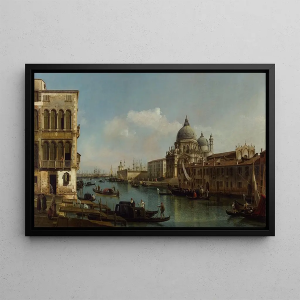 View of the Grand Canal, Santa Maria della Salute and the Customs House from Campo Santa Maria Zobenigo - Bernardo Bellotto — framed artwork on a wall