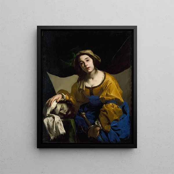 Judith with the head of Holofernes - Bernardo Cavallino — framed artwork on a wall