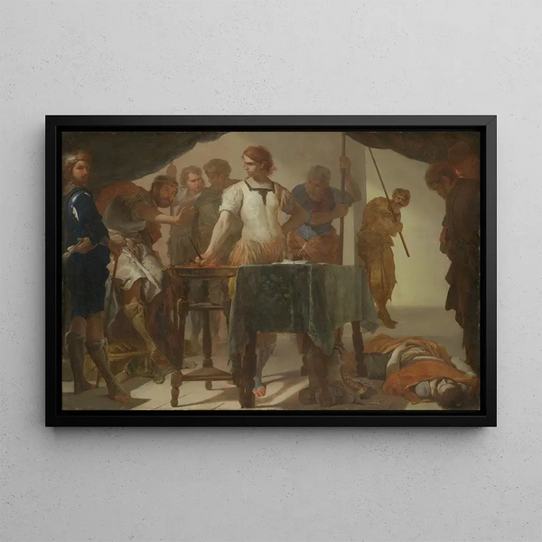 Mucius Scaevola Confronting King Porsenna - Bernardo Cavallino — framed artwork on a wall