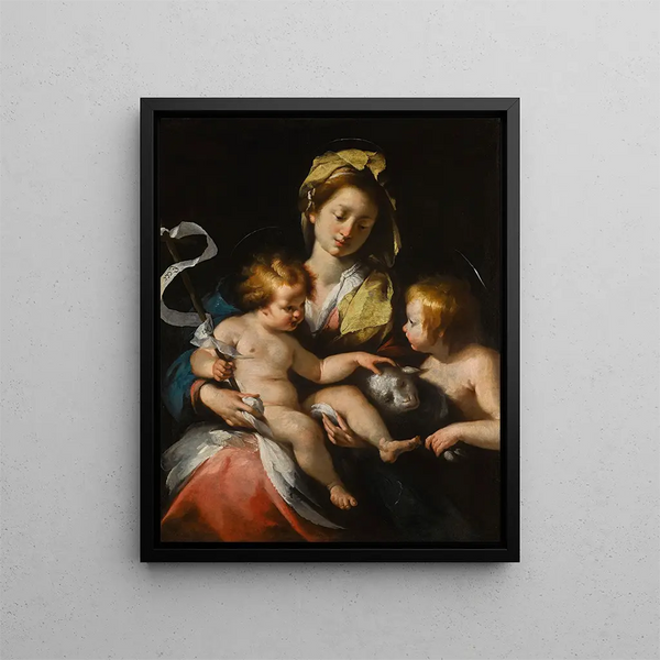 The Virgin and Child with the Little Saint John the Baptist - Bernardo Strozzi — framed artwork on a wall