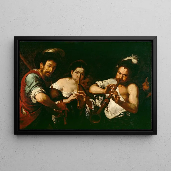 Street Musicians - Bernardo Strozzi — framed artwork on a wall
