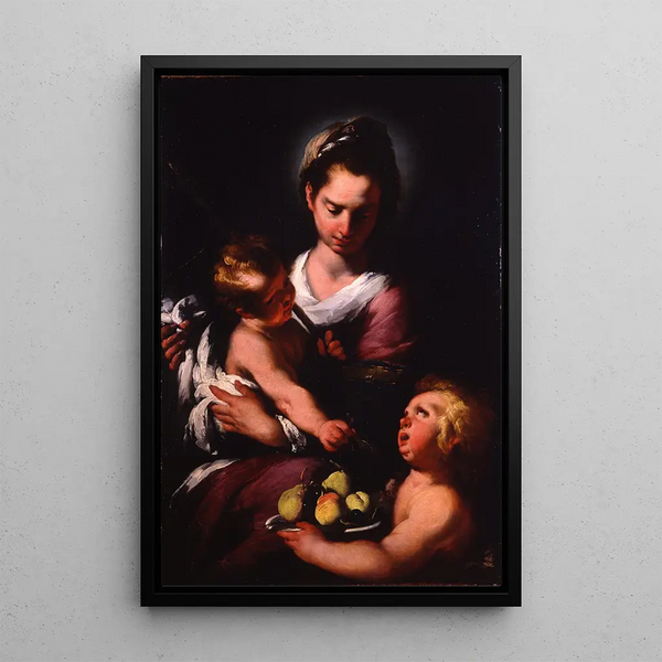 La Vierge à l'Enfant avec le petit Saint Jean - Bernardo Strozzi — framed artwork on a wall