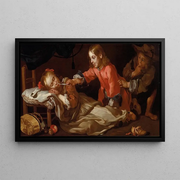 Girl sleeping with two children playing - Bernhard Keil — framed artwork on a wall