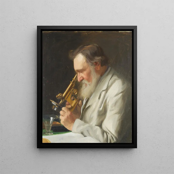 Alex Niskov with a microscope - Bernhard Störmann — framed artwork on a wall