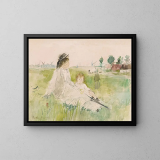 a woman and a child sitting on the grass - Berthe Morisot — framed artwork on a wall