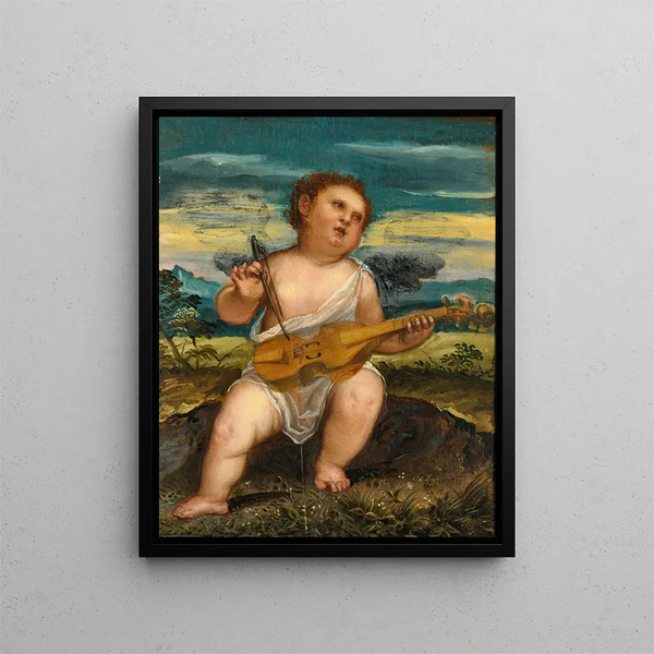Cupidon avec un violon dans un paysage - Bonifacio Veronese — framed artwork on a wall