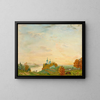Above the river in autumn - Boris Kustodiev — framed artwork on a wall
