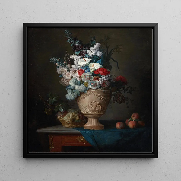 Flower bouquet painting in a terracotta vase with peaches and grapes - Anne Vallayer-Coster — framed artwork on a wall