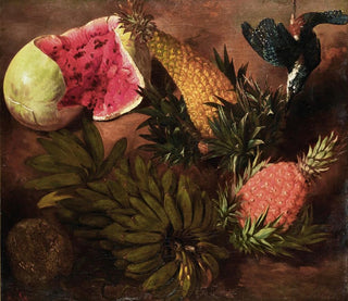 Nature morte avec des bananes, des fruits de la passion, un ananas, un ananas brésilien, des fruits de jenipapo et un palmier à queue pointue - École brésilienne — artwork view