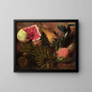 Nature morte avec des bananes, des fruits de la passion, un ananas, un ananas brésilien, des fruits de jenipapo et un palmier à queue pointue - École brésilienne — framed artwork on a wall
