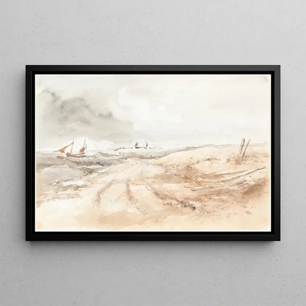 Scene of shoreline with boats by rough sea - 19th century British School — framed artwork on a wall