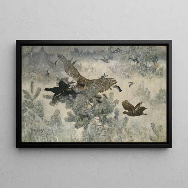 Faucon et tétras - Bruno Liljefors — framed artwork on a wall