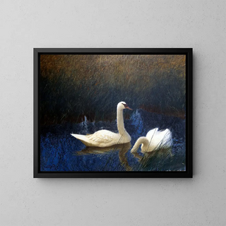 Swans in the Reeds - Bruno Liljefors — framed artwork on a wall