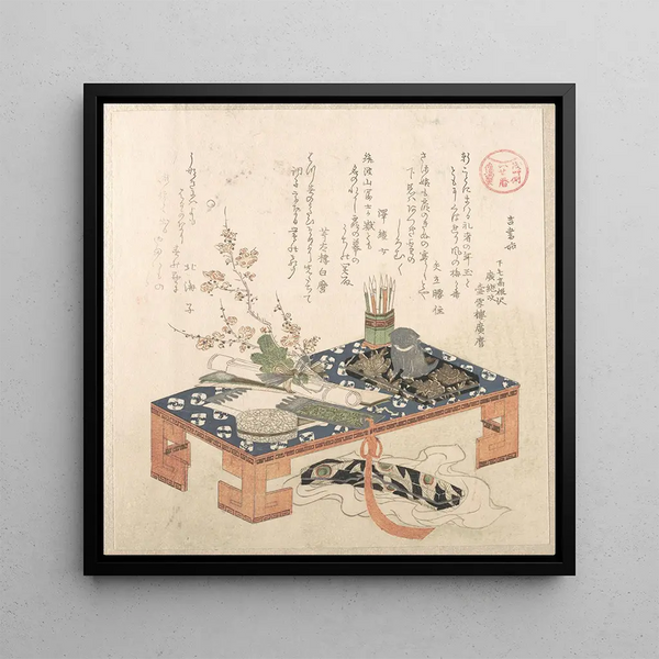 fice painting with writing set and plum blossoms - Kubo Shunman — framed artwork on a wall