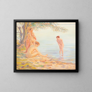 Three Nudes Bathing - C Peter Bergmann — framed artwork on a wall