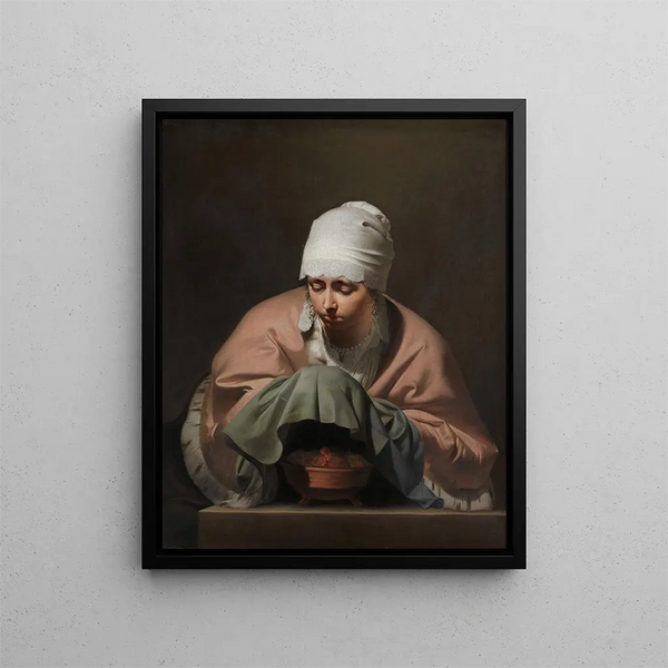 a young woman warming her hands over a brazier - Caesar van Everdingen — framed artwork on a wall