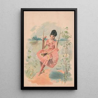 Reproduction of the painting of a woman in a pink dress with golden stars on a swing - Calvert Litho Co