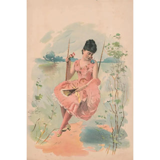 Reproduction of the painting of a woman in a pink dress with golden stars on a swing - Calvert Litho Co