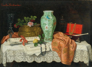 Still life with sheet music, a jewelry box, and an Asian vase - Camilla Friedländer — artwork view