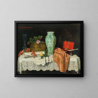 Still life with sheet music, a jewelry box, and an Asian vase - Camilla Friedländer — framed artwork on a wall