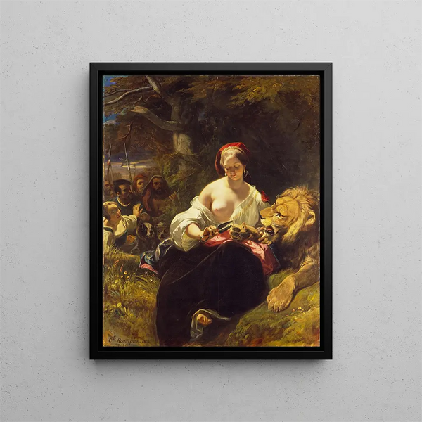 The Loving Lion - Camille Joseph Étienne Roqueplan — framed artwork on a wall