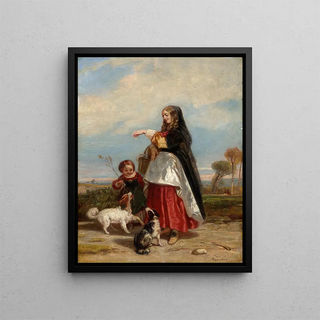 Woman and Child with Dogs - Camille Joseph Étienne Roqueplan — framed artwork on a wall