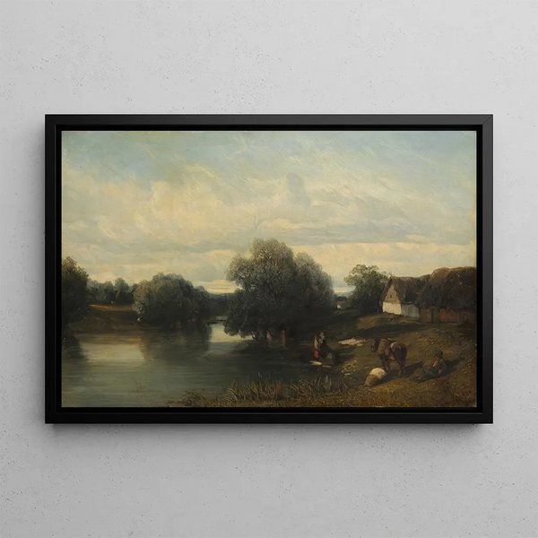 Cottage by the river with washerwomen - Camille Flers — framed artwork on a wall