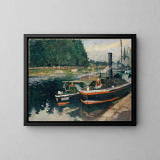 Barges at Pontoise - Camille Pissarro — framed artwork on a wall