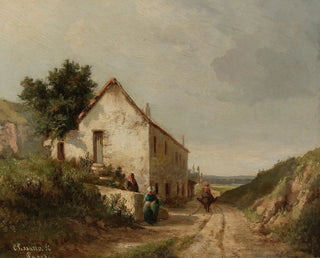 House by a country road with figures - Camille Pissarro — artwork view